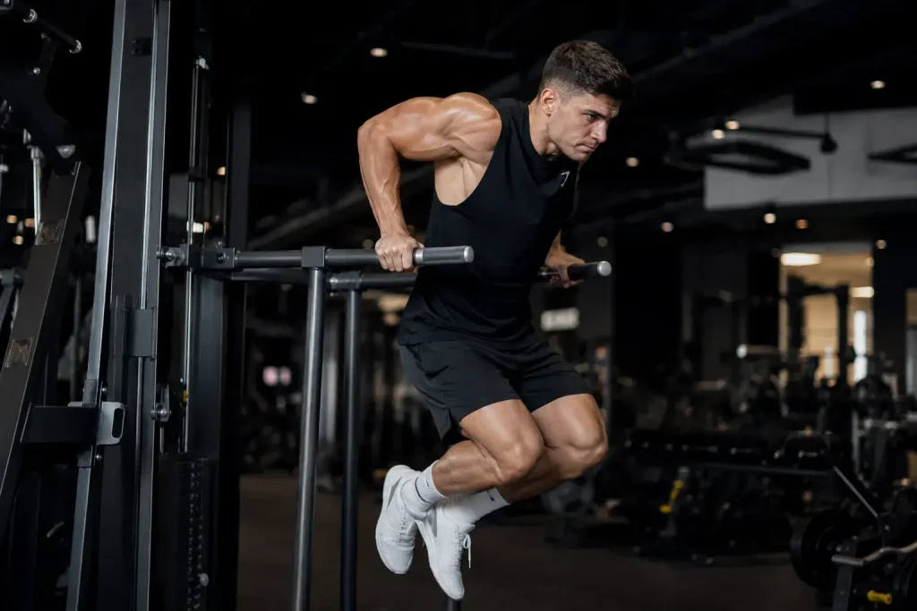 Athlète réalisant des dips sur une machine en salle de sport pour travailler les triceps, les pectoraux et les épaules.