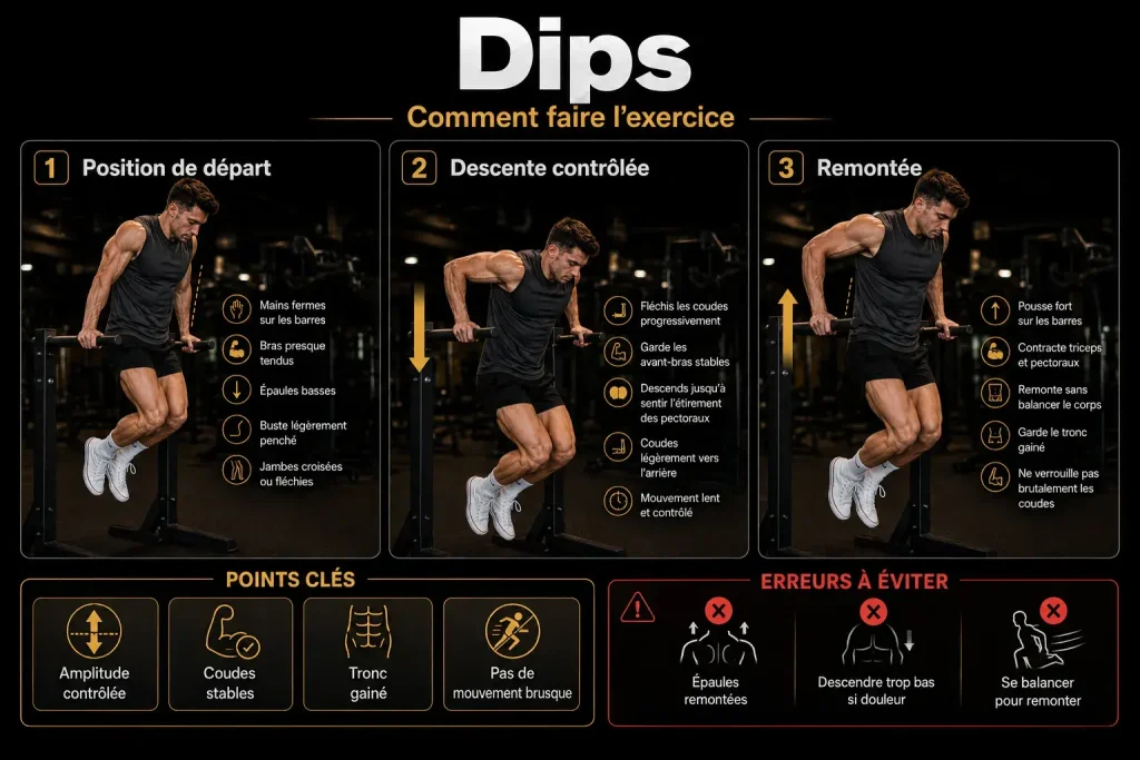 Guide visuel expliquant comment faire les dips correctement, avec la position de départ, la descente contrôlée, la remontée contrôlée et les erreurs à éviter.