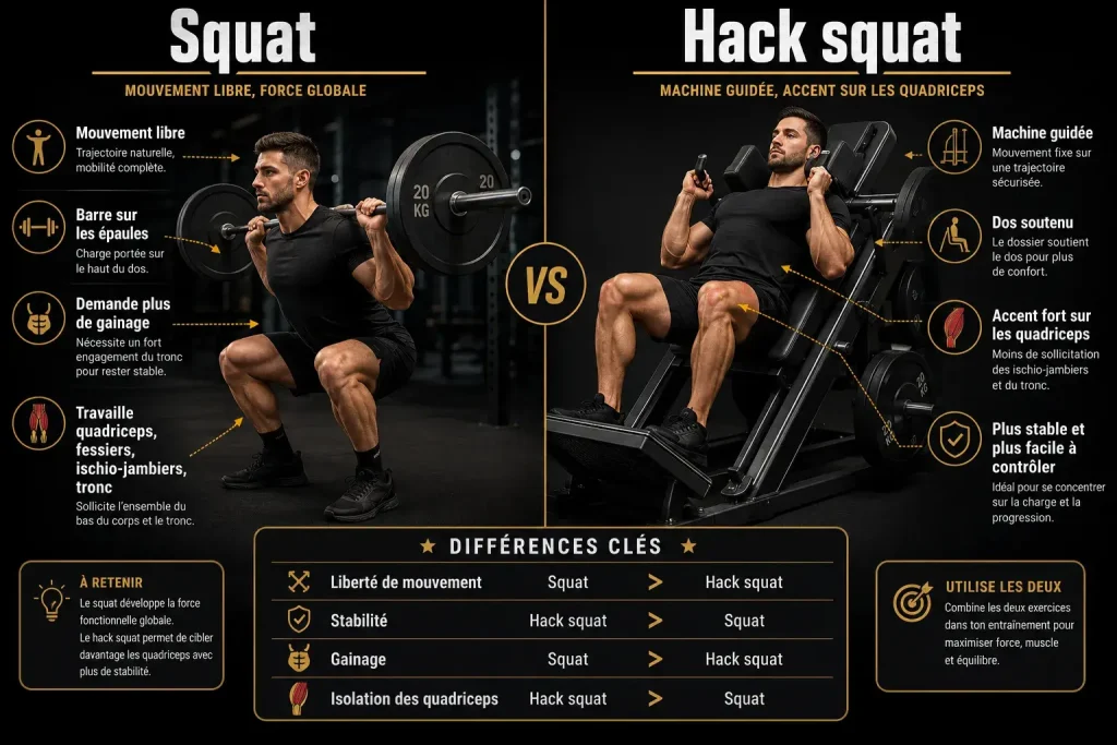 Infographie comparant le squat et le hack squat, avec les différences de mouvement, de stabilité, de gainage et de sollicitation des quadriceps.