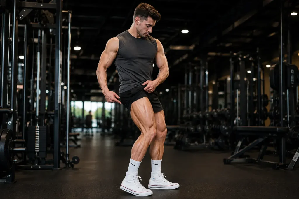 Homme en salle de sport ayant mal au dos après un soulevé de terre jambe tendu mal exécuté.