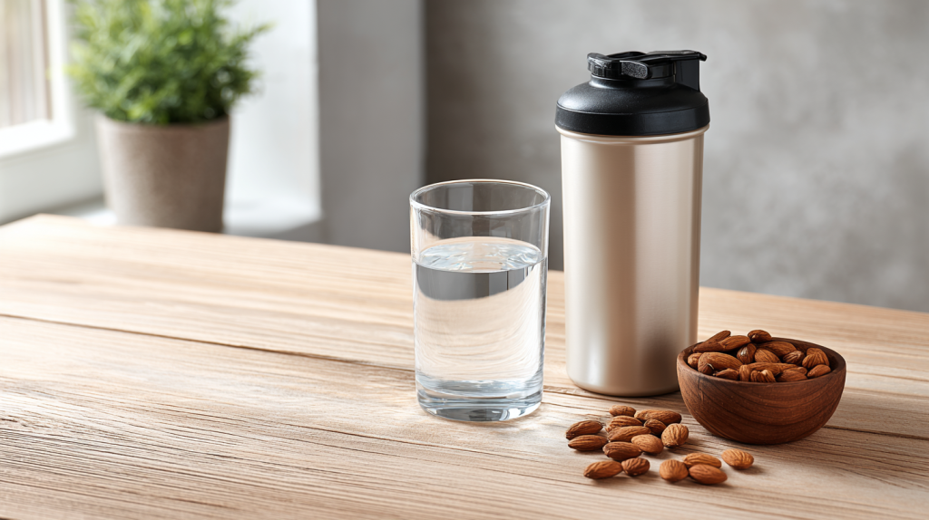 shaker de protéines et amandes et verre d'eau