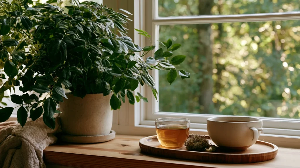 une morning routine calme avec une tasse de thé à coté de la fenêtre 