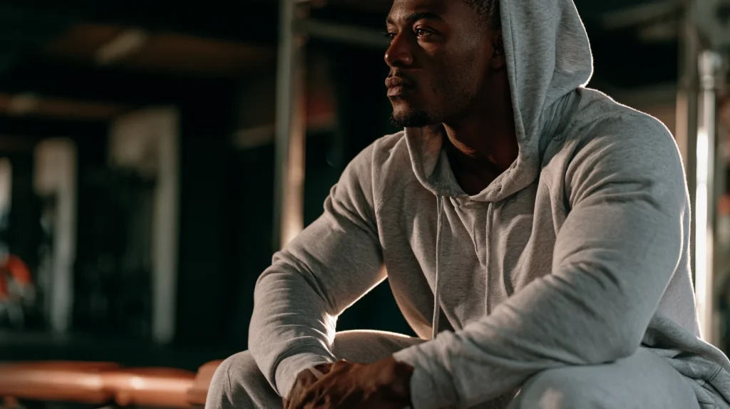 Homme assis dans le noir dans une salle de sport, entrain de se remettre en question