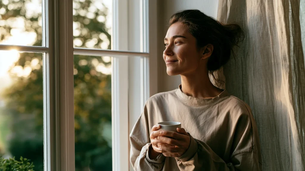 femme au réveil avec une tasse de thé dans ses mains