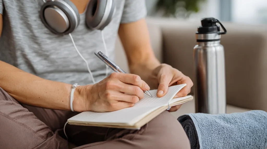 personne qui écrit ses entrainements sur son carnet 