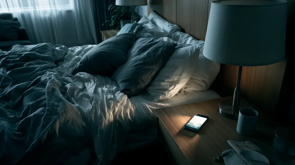 téléphone allumé sur une table de chevet 
