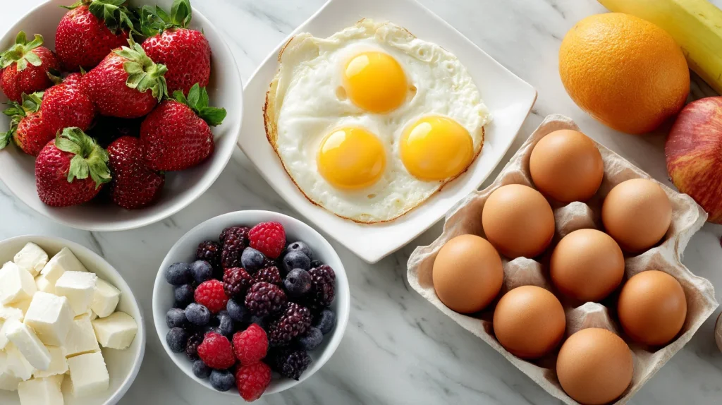 petit déjeuner avec oeufs et fruits