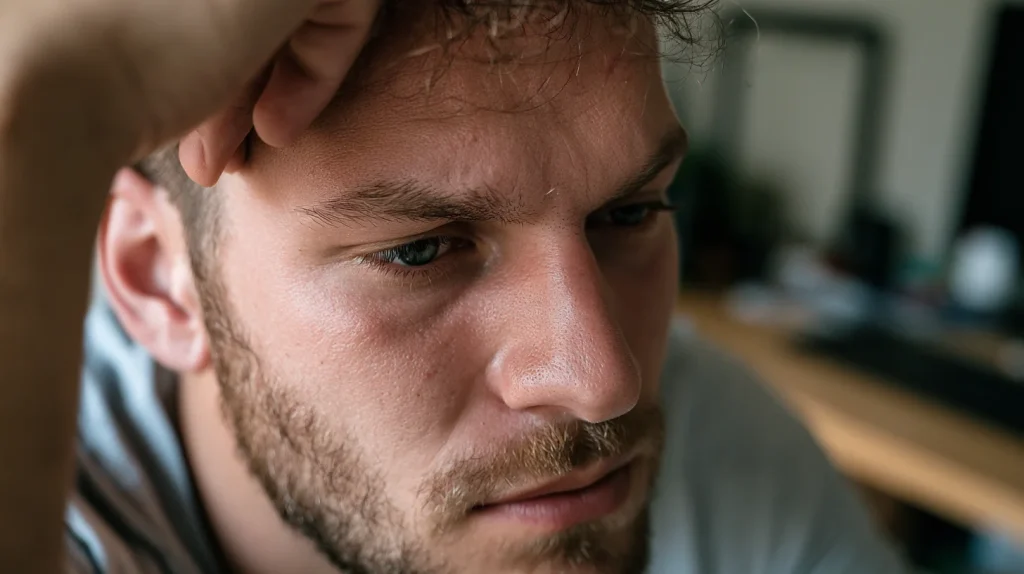 homme l'air confus et fatigué qui se tient la tete