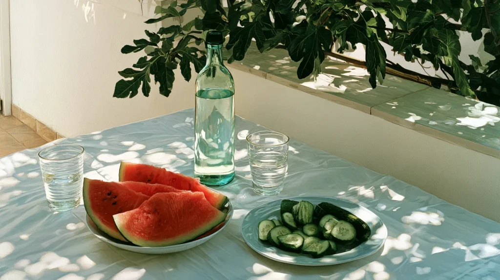 table au soleil avec une assiette de concombre et de pastèque