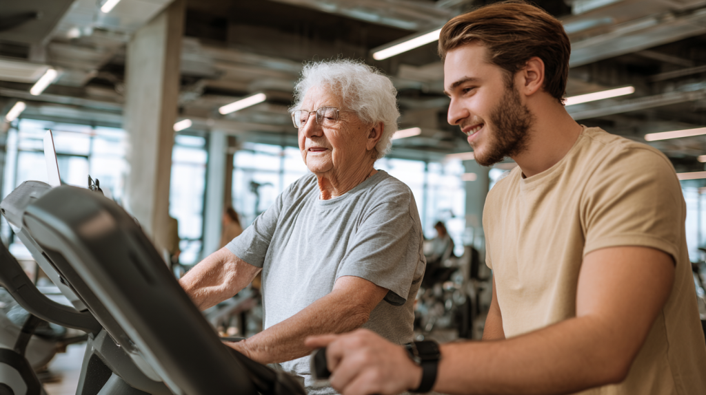 Personne agée à la salle de sport avec un coach sportif