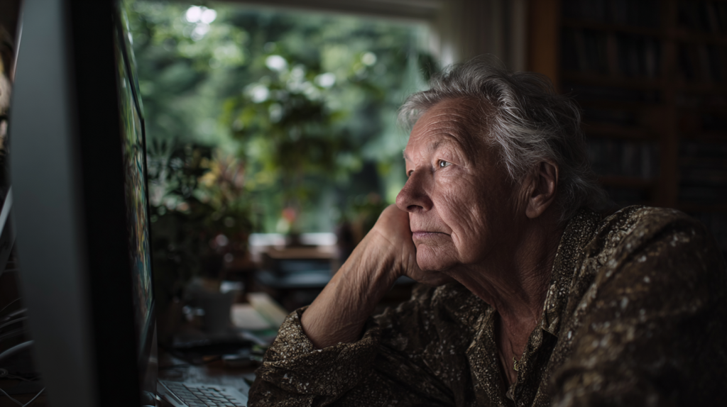 personne agée sédentaire sur un ordinateur