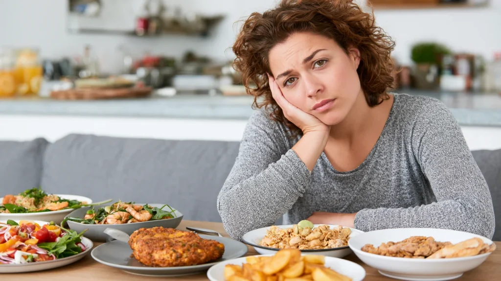 femme triste parce qu'elle mange pas équilibrée