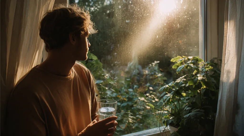homme respirant l'air frais avec un air d'eau à la main