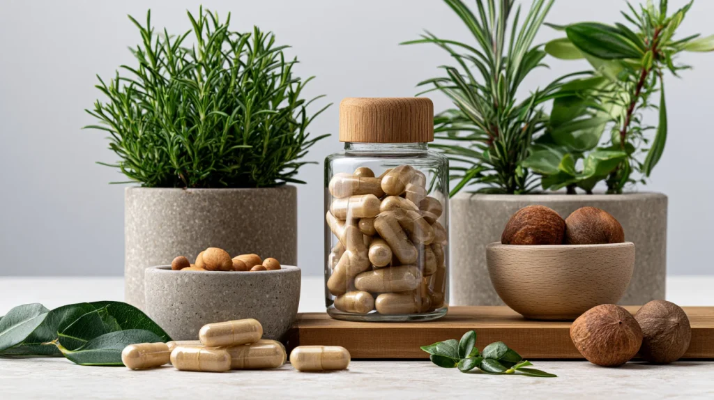 gélule et capsules de compléments alimentaires sur une surface épurée