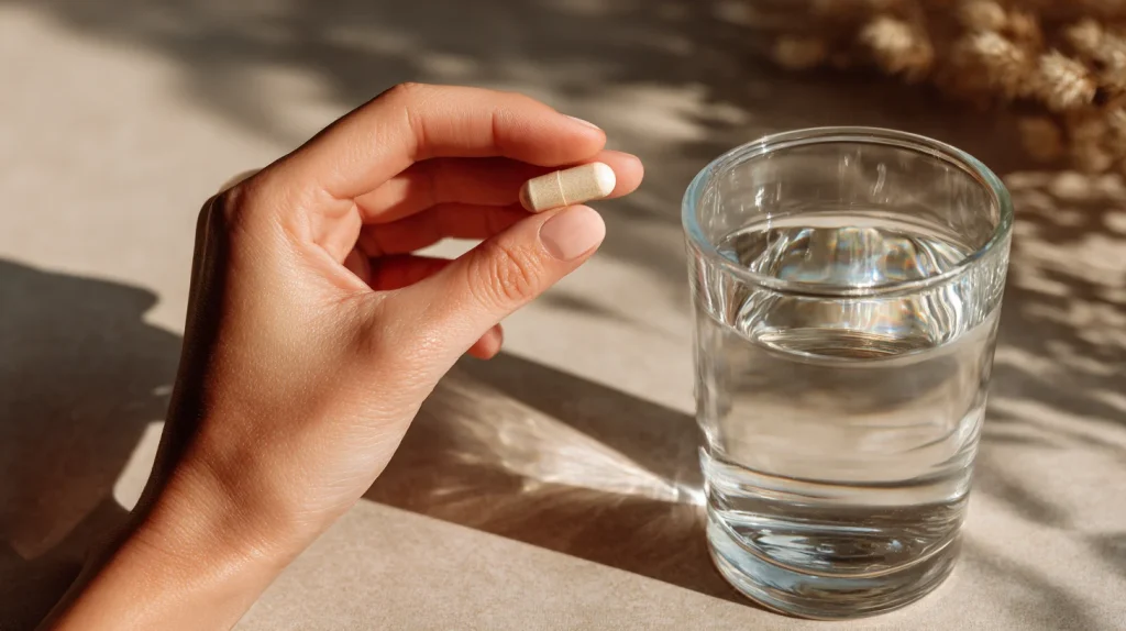 main qui tient une gélule avec un verre d'eau