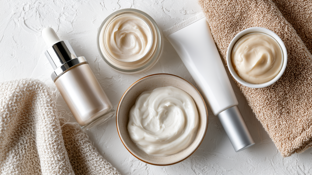 flat lay de crèmes et soins pour le visage