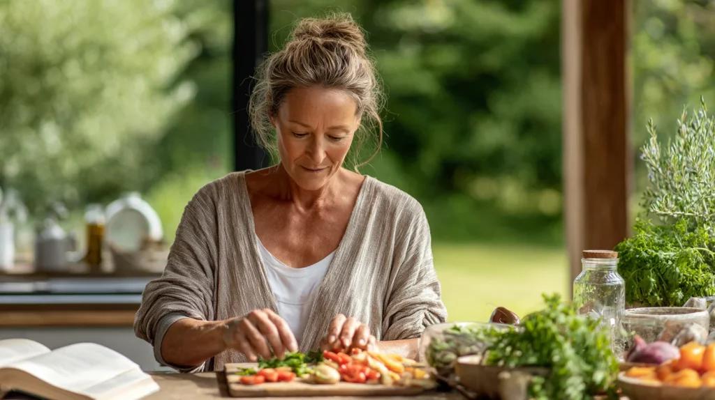 femme d'une cinquantaine d'années qui cuisine