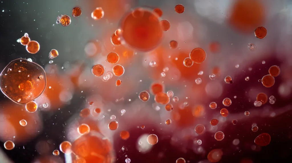 photographie macro d'une micro-algue Haematococcus pluvialis en suspension dans l'eau