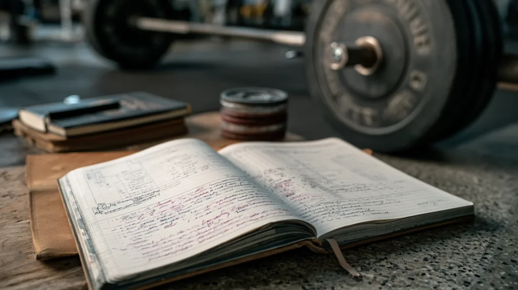 carnet d'entrainement posé au sol d'une salle de sport