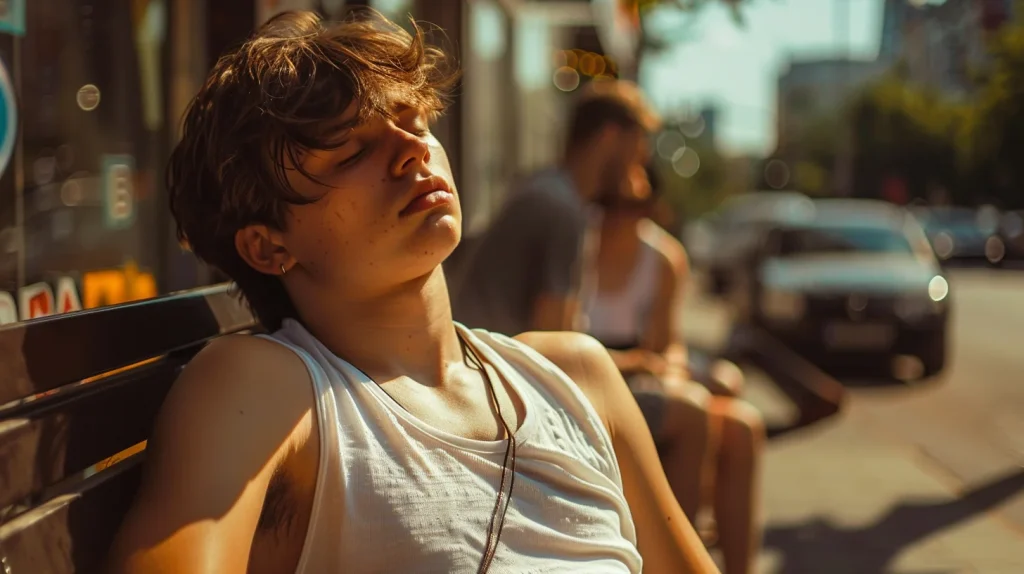 jeune homme n'étant pas bien sous pleine canicule