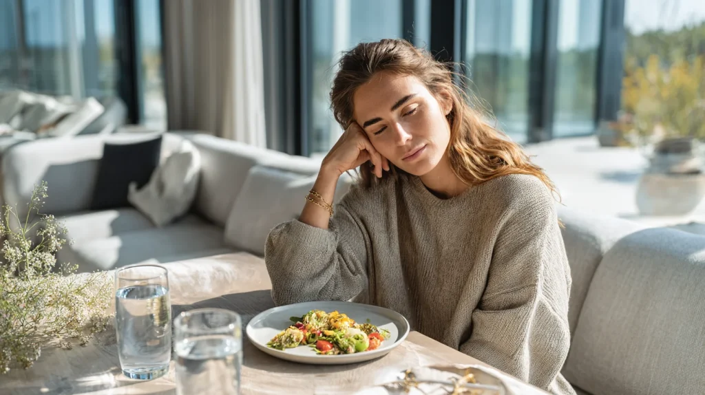 Femme qui s'endort devant son plat