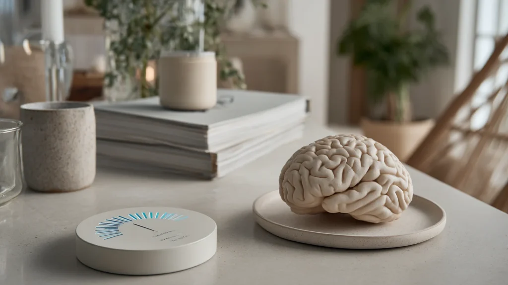 maquette cerveau sur une table avec une balance