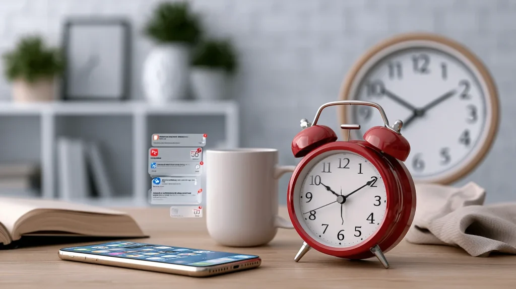photo représentant la charge mentale avec un revil, un téléphone, des notifications etc