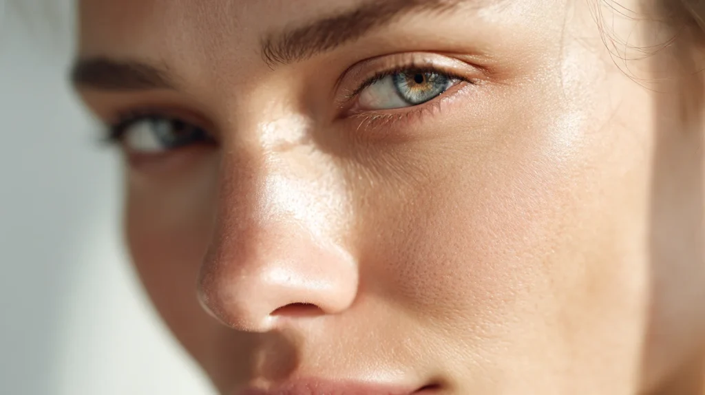 gros plan d’une jeune femme à la peau naturellement éclatante de santé