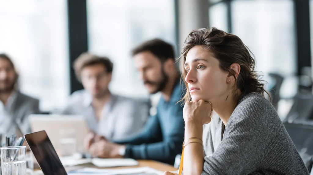 une femme concentrée pendant une réunion de travail