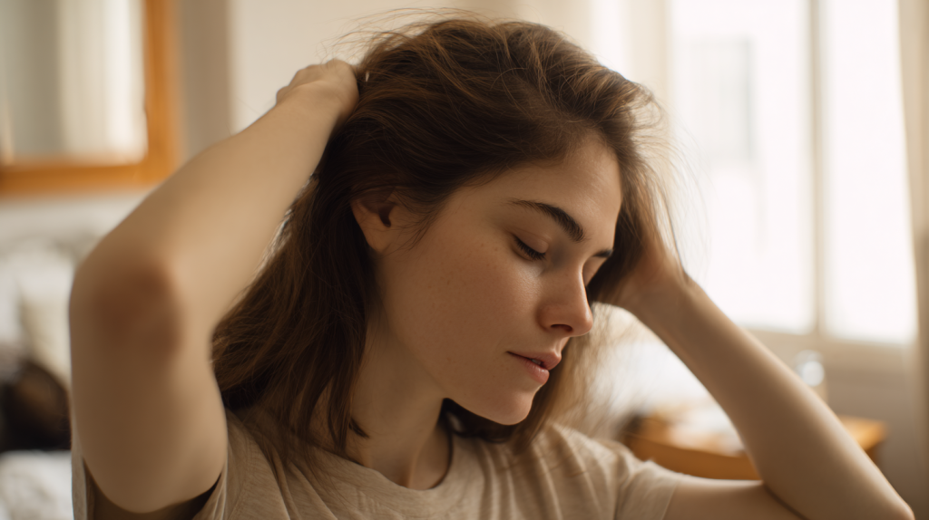 Femme qui se touche les cheveux 