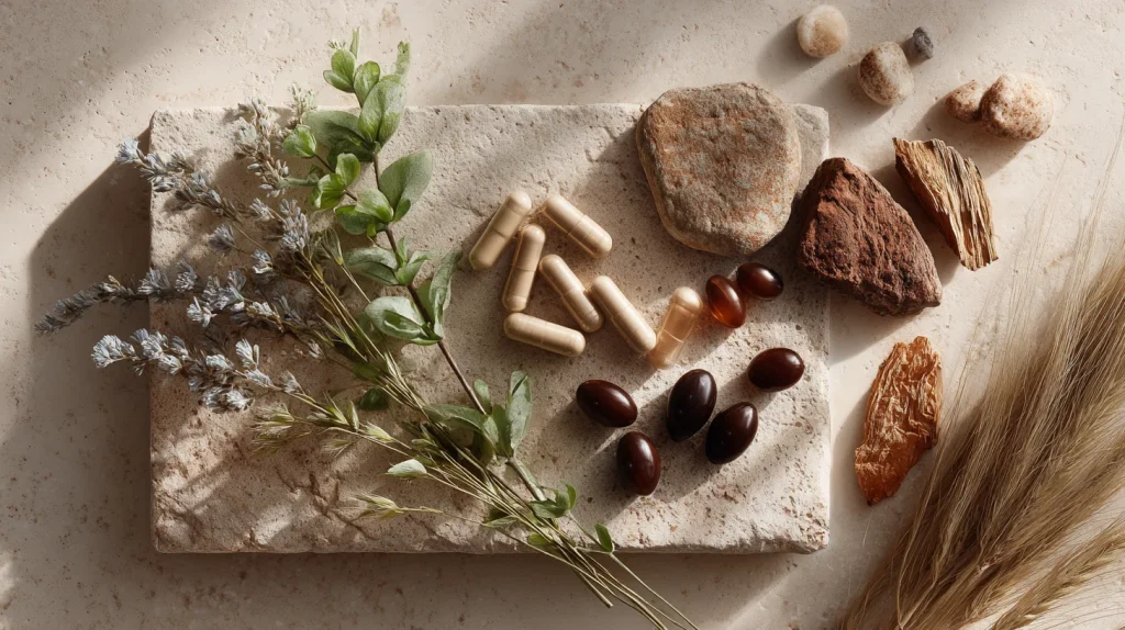 flat lay d'un plateau en bois contenant des compléments alimentaires en gélule