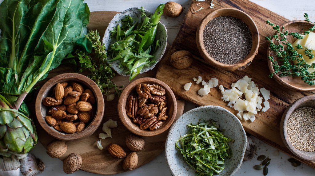 plan de travail avec des aliments naturels (noix,lentilles etc)