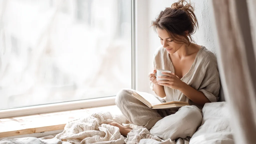 femme entrain de lire un livre tout en buvant une tasse de café