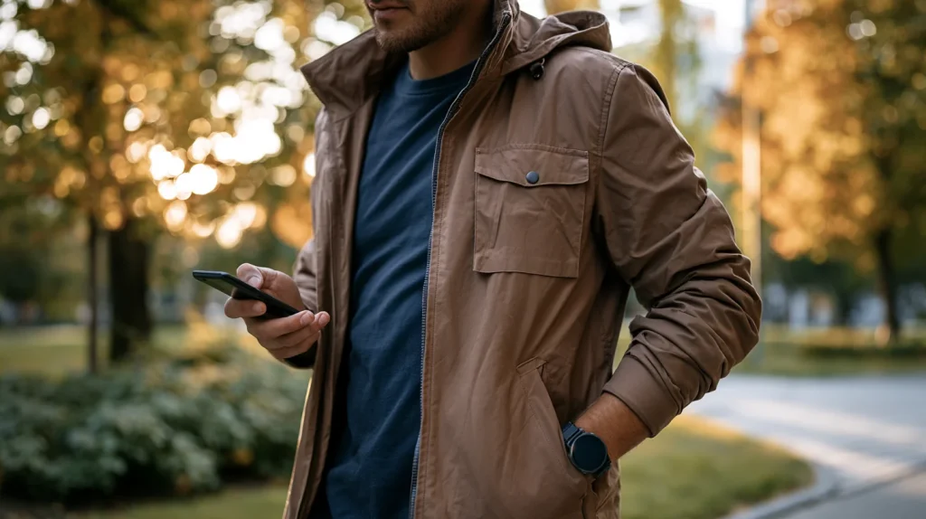 personne qui marche dans un parc avec son téléphone à la main
