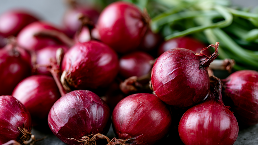 Vue proche d'oignons rouges, riche en qercétine