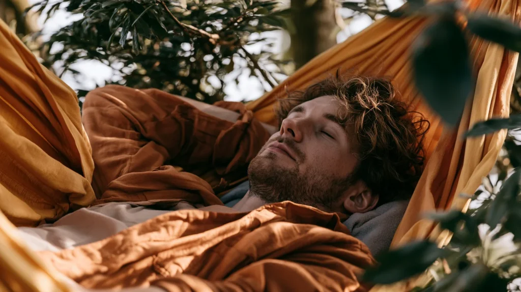 personne allongée sur un hamac entrain de faire une sieste