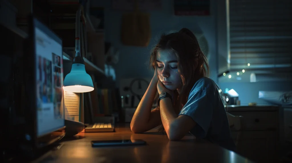jeune fille qui procrastine avec son téléphone à côté d'elle