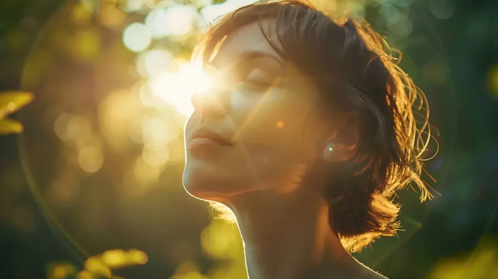 Personne qui respire profondément au soleil dans la nature, symbolisant l'oxygénation grâce aux aliments riches en fer.