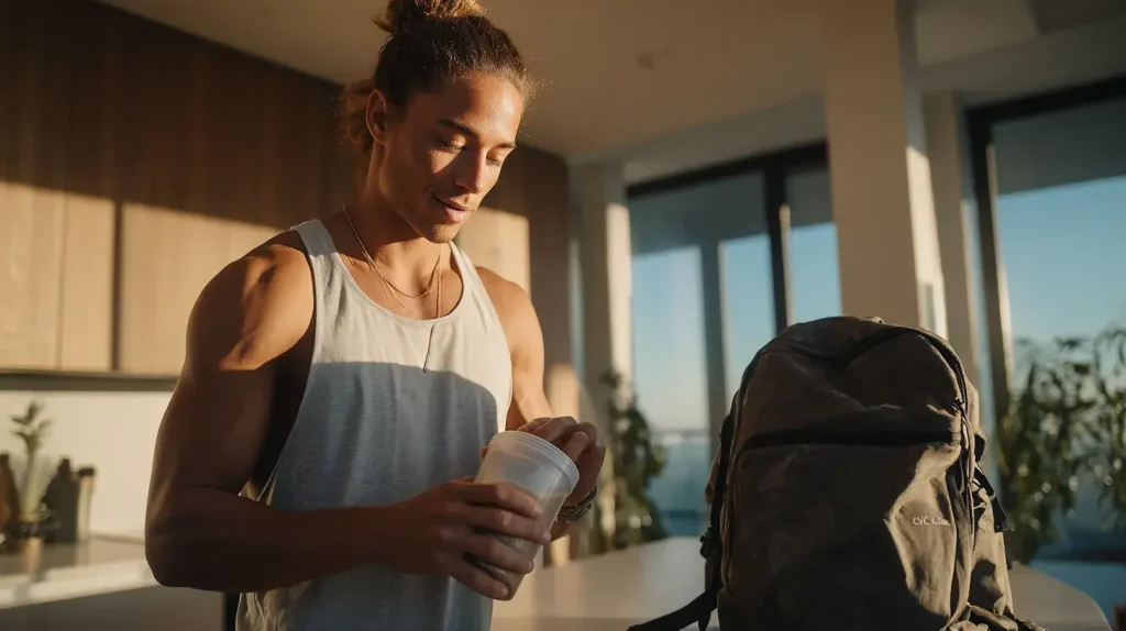 un homme prend un shaker de protéine