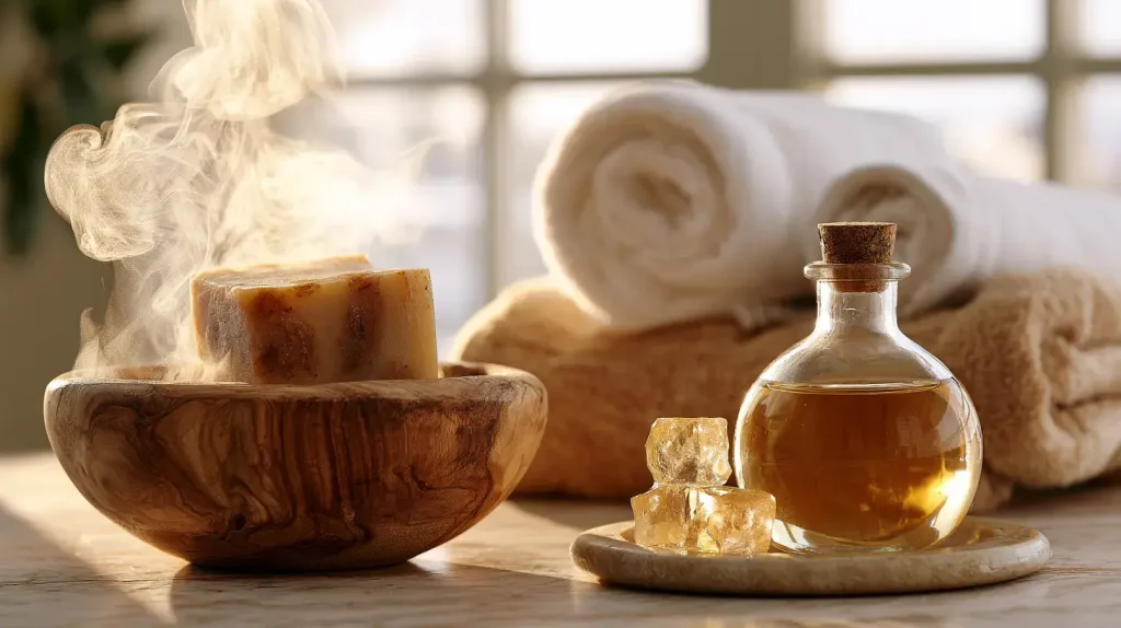 Savon, huile de massage et eau chaude utilisés comme remède de grand-mère pour les crampes nocturnes