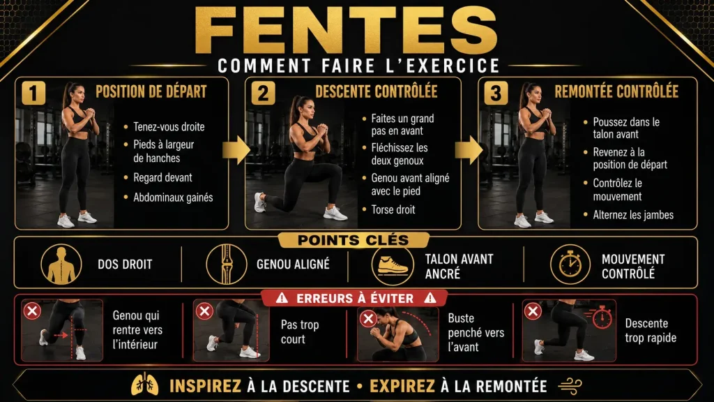 Guide visuel expliquant comment faire des fentes correctement, avec la position de départ, la descente contrôlée, la remontée contrôlée et les erreurs à éviter.