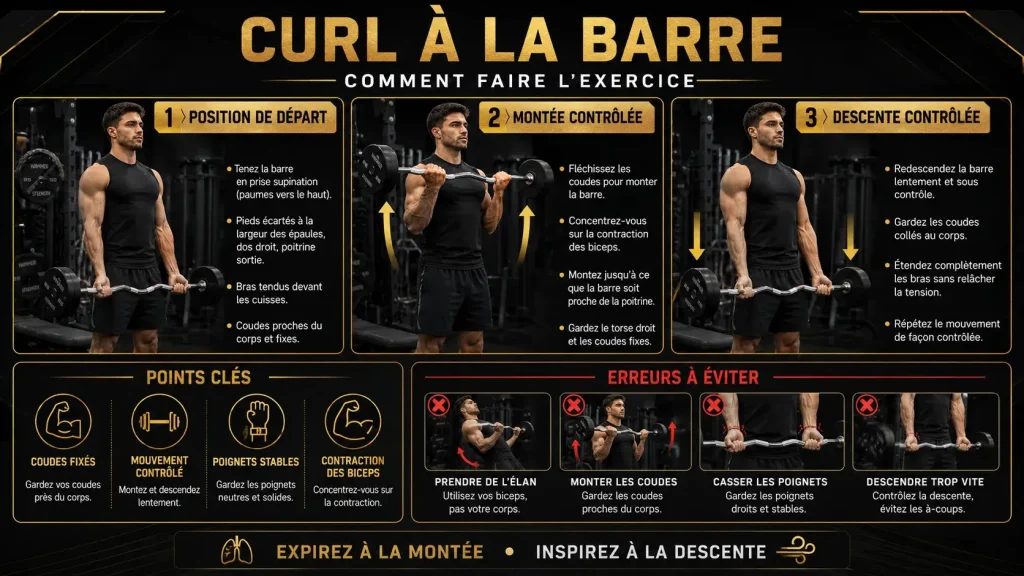 Guide visuel expliquant comment faire le curl à la barre correctement, avec la position de départ, la montée contrôlée, la descente contrôlée et les erreurs à éviter.