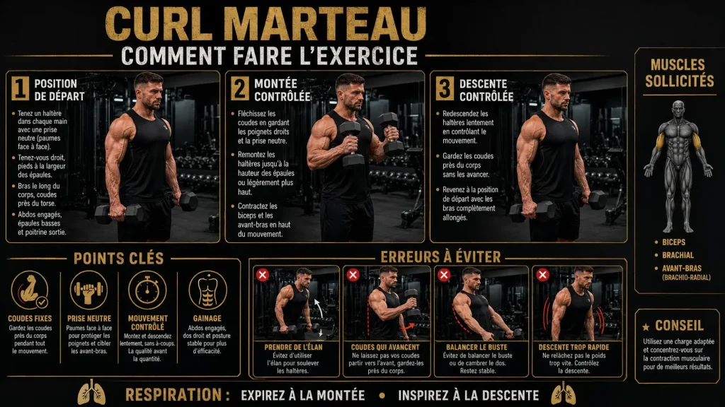 Guide visuel expliquant comment faire le curl marteau correctement, avec la position de départ, la montée contrôlée, la descente contrôlée et les erreurs à éviter.