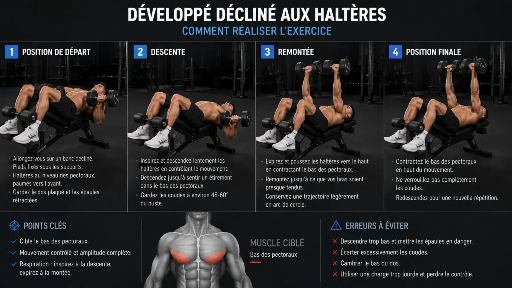 Infographie montrant le développé décliné aux haltères sur banc décliné, avec la tête plus basse que le corps et le bas des pectoraux mis en évidence.