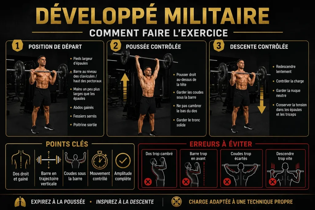 Guide visuel expliquant comment faire le développé militaire correctement, avec les étapes de départ, poussée contrôlée, descente contrôlée et les erreurs à éviter.