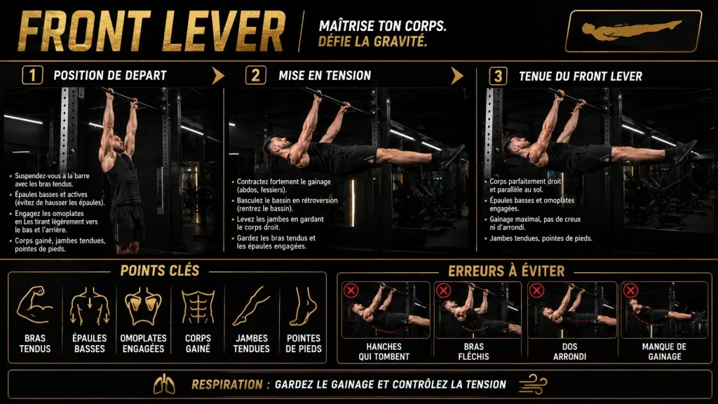 Guide visuel expliquant comment faire le front lever correctement, avec la position de départ, la mise en tension, la tenue du mouvement et les erreurs à éviter.