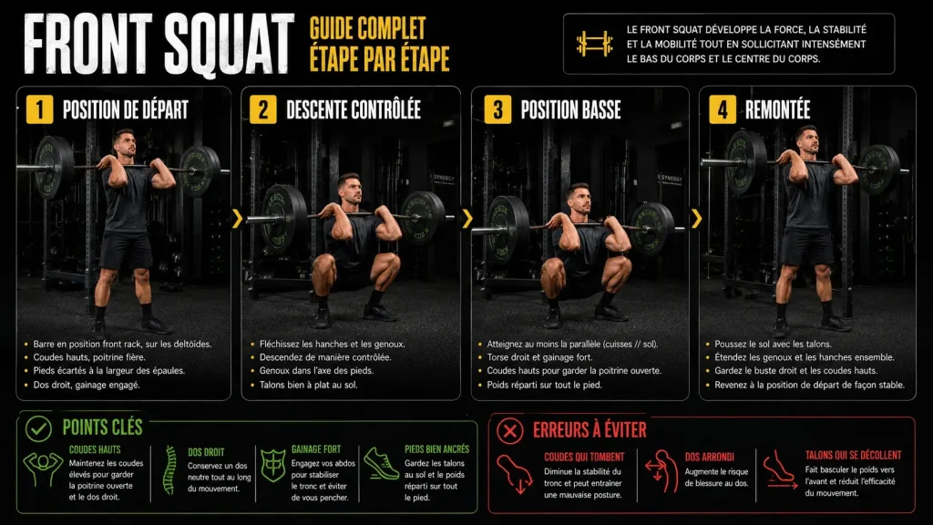 Guide visuel expliquant comment faire le front squat correctement, avec la position de départ, la descente contrôlée, la position basse, la remontée et les erreurs à éviter.