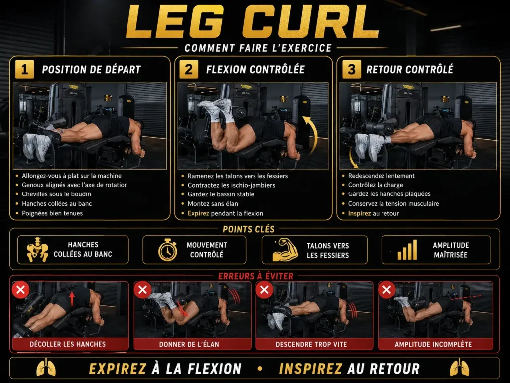 Guide visuel expliquant comment faire le leg curl correctement, avec la position de départ, la flexion contrôlée, le retour contrôlé et les erreurs à éviter.