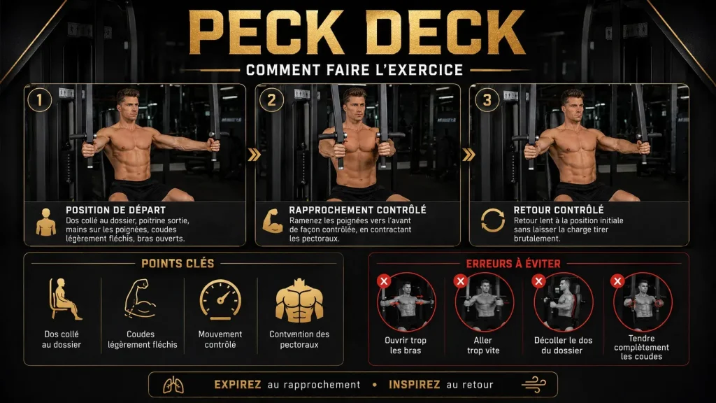Guide visuel expliquant comment faire le peck deck correctement, avec la position de départ, le rapprochement contrôlé des bras, le retour contrôlé et les erreurs à éviter.