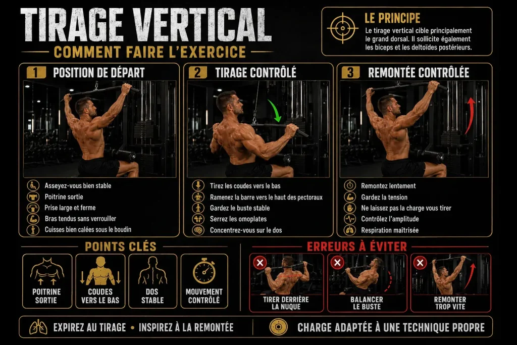 Guide visuel expliquant comment faire le tirage vertical correctement étape par étape.